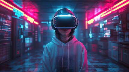 A person wearing VR headset in a futuristic, vibrant space