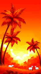 Obraz premium Vibrant Tropical Sunset Vector Illustration with Palm Trees Bright Orange Sky Scenic Nature Background Serene Sheep Grazing on Lush Grass Exotic Summer Paradise Concept
