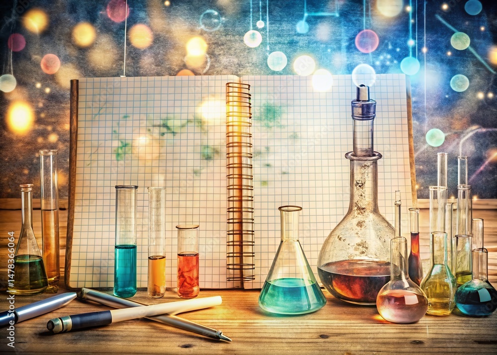 Poster bokeh effect hand drawn science experiment journal page design stock photo