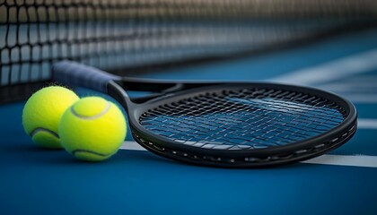 Tennis racket and balls on court