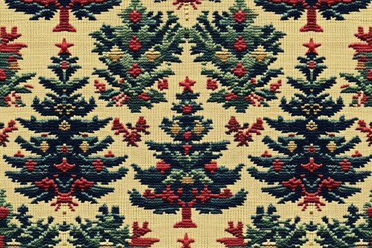 Intricate textile pattern featuring symmetrical dark green and red stylized tree shapes on a beige background, evoking a traditional and festive atmosphere