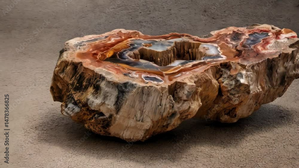 Poster section of colorful petrified wood with visible tree rings and vibrant agate filling cavities, creat