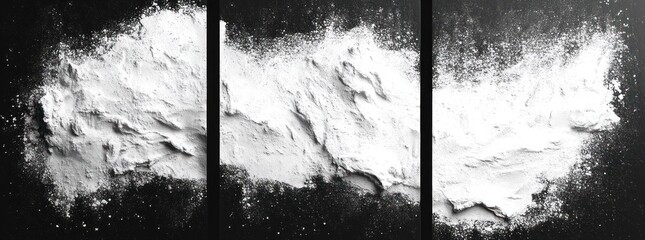 Three panels of white powder scattered on a black surface with uneven texture and scattered granules creating a high contrast abstract pattern