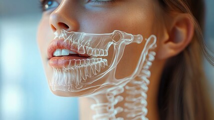 Close-up of a woman's face with transparent anatomical illustration of skull, jawbone, teeth, and cervical spine overlaid, showing detailed bone structure beneath skin