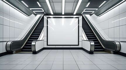 Obraz premium Empty vertical advertising mockup screen in futuristic metro space with glossy tiled walls, clean lighting, and symmetrical escalators in a minimal transport environment