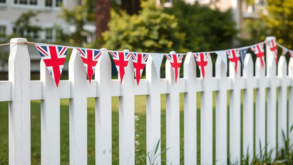 Union Jack flags bunting on a white picket fence.