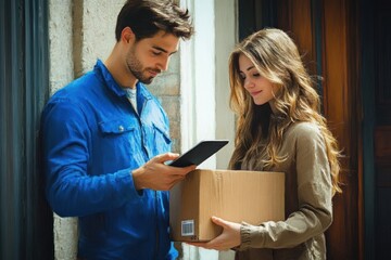 A man in a blue shirt signs on a digital device held by a woman with long hair holding a cardboard box outside a building