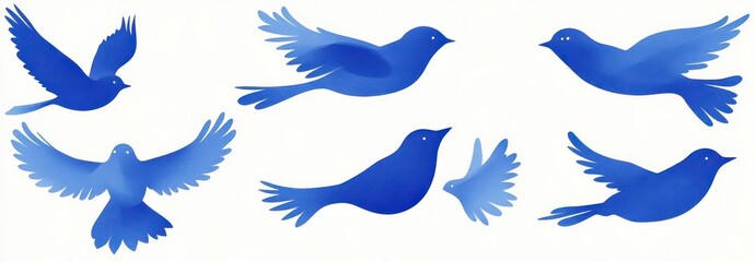 Obraz premium Collection of seven stylized blue birds in various flying poses on a white background, evoking lightness and freedom