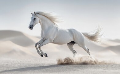 Obraz premium majestic white horse galloping energetically across sandy desert dunes with flowing mane and tail against a pale sky