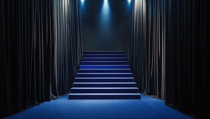 Blue Staircase In Dark Hallway With Spotlight