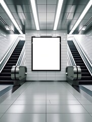 Fototapeta premium Modern underground station interior with blank white billboard between two escalators, ideal for advertising, public transport themes, and urban commercial promotion design