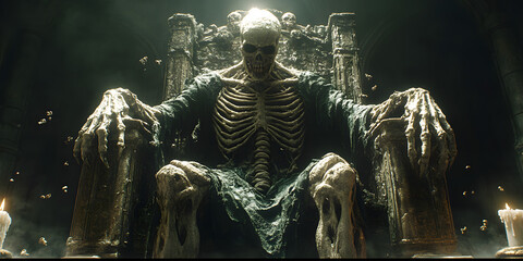 Guardian of the Grim Throne: A chilling figure, its skeletal form commanding a throne within a dimly lit chamber. The eerie ambiance is intensified by flickering candles.