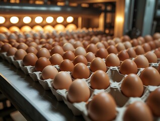 Automated production line with brown chicken eggs in rows moving through industrial processing equipment in a modern factory for food manufacturing and packaging

