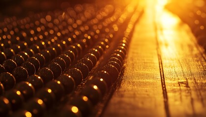 Rows of dark spheres illuminated by golden light.