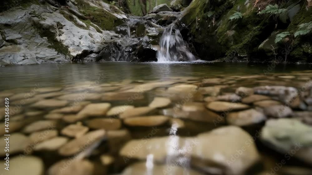 Poster scenic footage of a small waterfall cascading into a clear pool surrounded by mossy rocks in a lush 