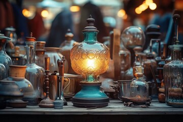 Vintage glass oil lamp glowing warmly surrounded by various antique glass and metal vessels on a rustic wooden surface with a softly blurred background
