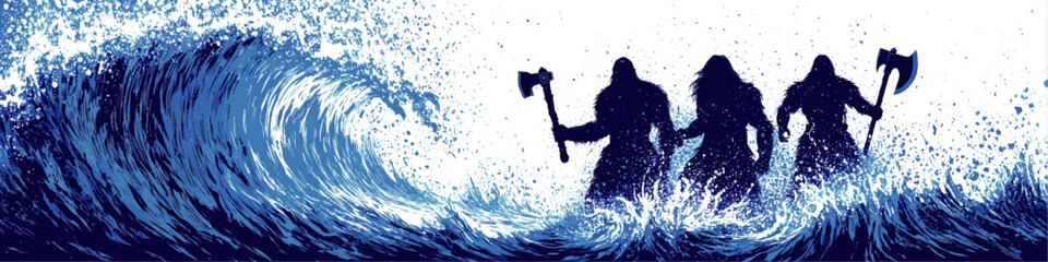 Epic vector illustration of three powerful viking warriors standing united in tidal ocean waves holding battle axes perfect for mythology fantasy and adventure art projects