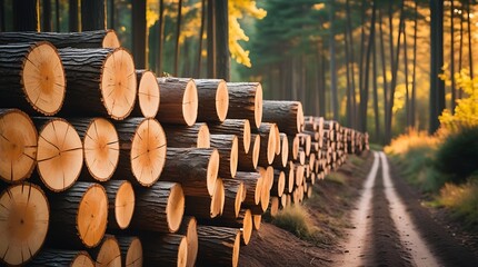 Neatly stacked tree logs along a forest path surrounded by tall pine trees in golden sunlight, capturing the atmosphere of forestry and sustainable logging practices

