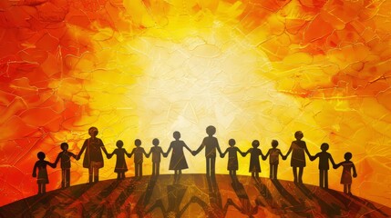 minimalist family silhouettes of different ethnicities holding hands under a sunburst warm yellow and red on center .