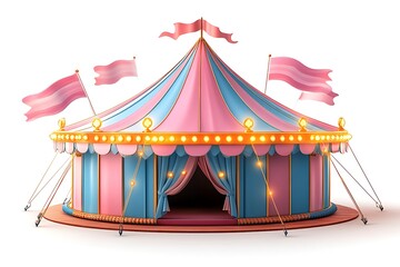 Colorful Circus Tent Mockup with Pink and Blue Stripes Flags and Decorative Lights


