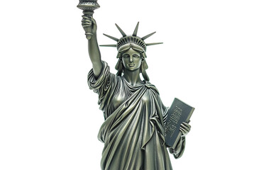 Fototapeta premium Lady Liberty figurine elegantly holding a mini torch and book, representing freedom and knowledge isolated on white background PNG