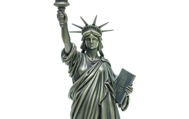 Lady Liberty figurine elegantly holding a mini torch and book, representing freedom and knowledge isolated on white background PNG