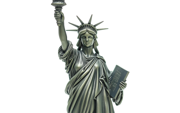 Lady Liberty figurine elegantly holding a mini torch and book, representing freedom and knowledge isolated on white background PNG