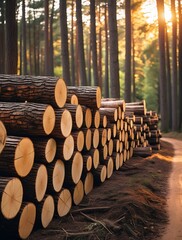 Neatly stacked tree logs along a forest path surrounded by tall pine trees in golden sunlight, capturing the atmosphere of forestry and sustainable logging practices

