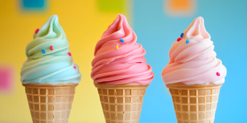 Trio of Ice Cream Cones: An enticing array of ice cream cones with a swirl of vibrant flavors and colorful sprinkles. Perfect for summer treats!