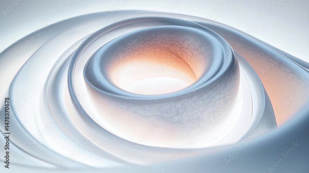 Poster smooth, flowing concentric white rings forming a spiral tunnel with a warm orange glow emanating fro