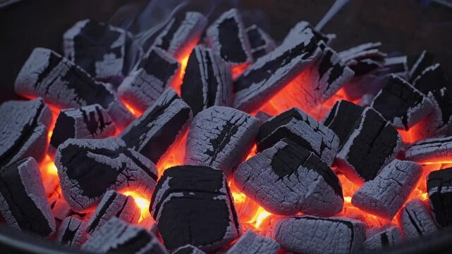 Glowing charcoal embers radiating intense heat, producing vibrant orange-red hues during barbecue preparation