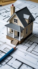 Architectural model of a house placed on top of detailed blueprints with drafting pencils, symbolizing construction planning, real estate design, and home engineering

