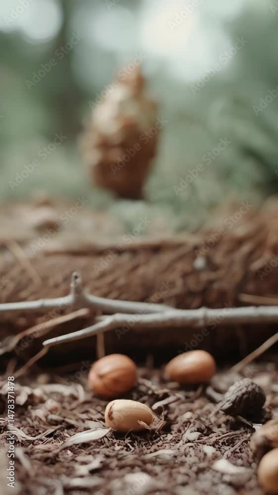 Poster close-up view of a pine cone resting on the forest floor with soft, out-of-focus greenery in the bac