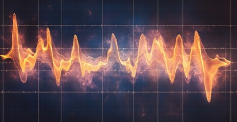 Glowing orange and yellow waveform graph on dark blue grid background depicting digital or audio signal with dynamic flowing lines