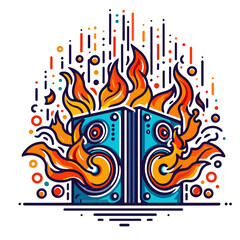 Fototapeta premium Colorful graphic of loudspeakers with flames and sound waves 