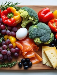 Assorted healthy ingredients including vegetables, fruits, cheese, eggs, olives, and salmon beautifully arranged on a wooden surface for nutritious cooking or meal planning

