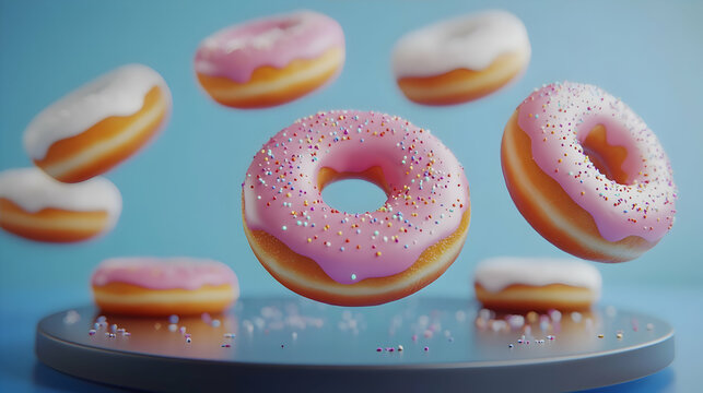 Elevated Doughnuts: A Sweet Symphony of Pink, White, and Sprinkled Delights on Blue