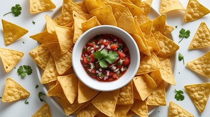 Delicious round arrangement of crispy yellow tortilla chips surrounding a bowl of vibrant salsa garnished with fresh cilantro, offering a festive and appetizing snack presentation

