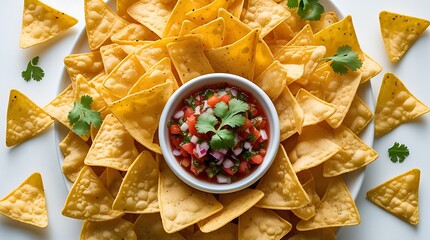 Delicious round arrangement of crispy yellow tortilla chips surrounding a bowl of vibrant salsa garnished with fresh cilantro, offering a festive and appetizing snack presentation
