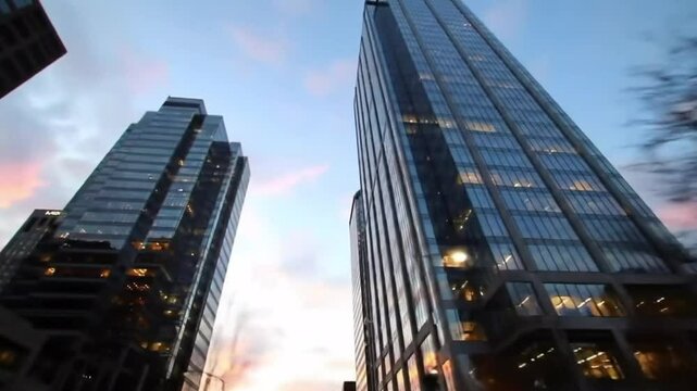 Modern city architecture of skyscraper against sky.  Generative AI.