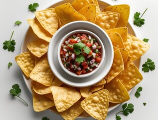 Delicious round arrangement of crispy yellow tortilla chips surrounding a bowl of vibrant salsa garnished with fresh cilantro, offering a festive and appetizing snack presentation
