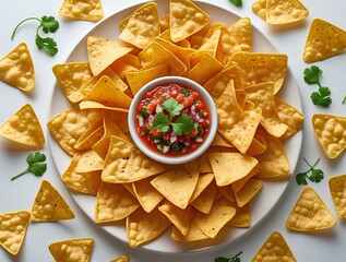 Delicious round arrangement of crispy yellow tortilla chips surrounding a bowl of vibrant salsa garnished with fresh cilantro, offering a festive and appetizing snack presentation
