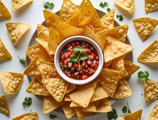Delicious round arrangement of crispy yellow tortilla chips surrounding a bowl of vibrant salsa garnished with fresh cilantro, offering a festive and appetizing snack presentation
