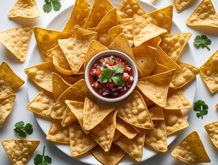 Delicious round arrangement of crispy yellow tortilla chips surrounding a bowl of vibrant salsa garnished with fresh cilantro, offering a festive and appetizing snack presentation
