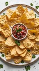 Delicious round arrangement of crispy yellow tortilla chips surrounding a bowl of vibrant salsa garnished with fresh cilantro, offering a festive and appetizing snack presentation

