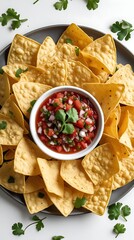 Delicious round arrangement of crispy yellow tortilla chips surrounding a bowl of vibrant salsa garnished with fresh cilantro, offering a festive and appetizing snack presentation
