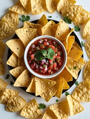 Delicious round arrangement of crispy yellow tortilla chips surrounding a bowl of vibrant salsa garnished with fresh cilantro, offering a festive and appetizing snack presentation
