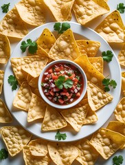 Delicious round arrangement of crispy yellow tortilla chips surrounding a bowl of vibrant salsa garnished with fresh cilantro, offering a festive and appetizing snack presentation
