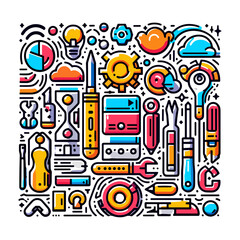 Colorful collection of tools and gadgets in flat design style  