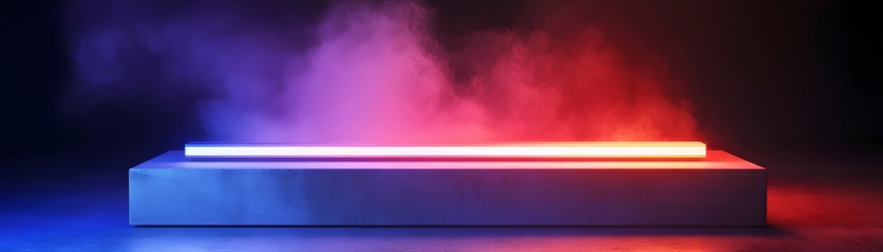 Empty display platform illuminated by vibrant neon light.
